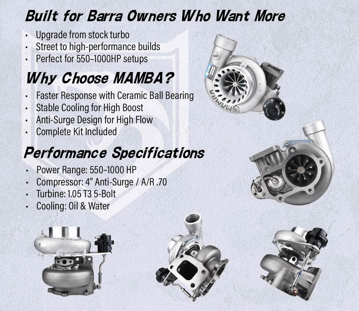 MAMBA GTX3584R turbo features, ceramic ball bearing and anti-surge design