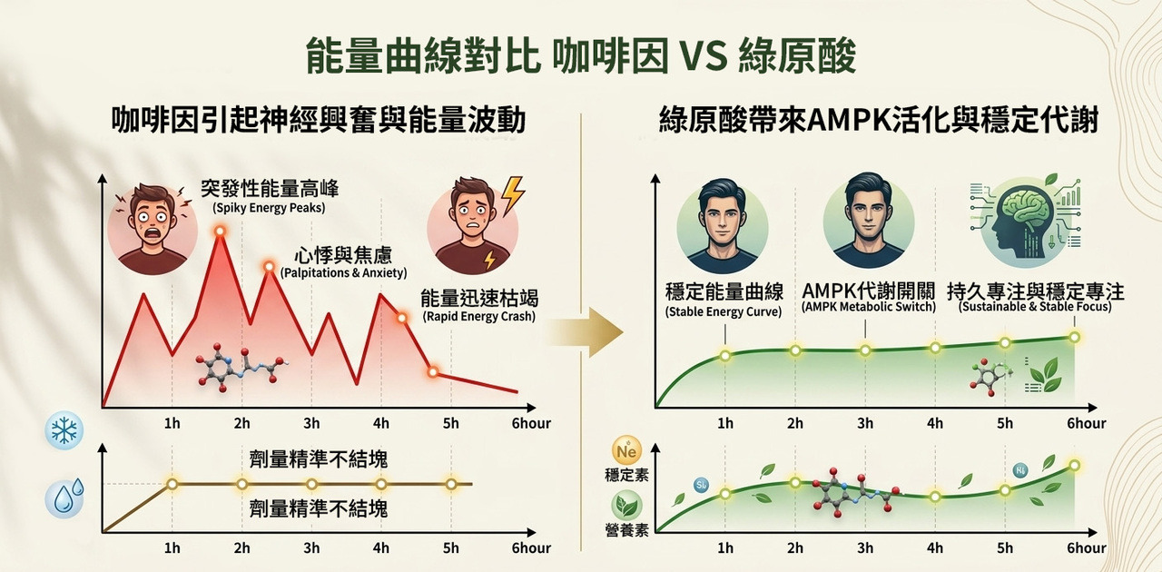 咖啡因引起的能量劇波動 vs 綠原酸帶來的穩定代謝曲線