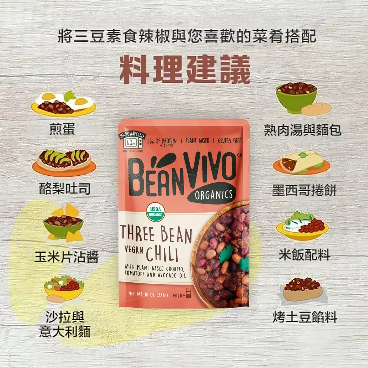 將三豆素食辣椒與您喜歡的菜肴搭配,料理推薦!中下方BeanVIVO有機三豆茄汁風味產品圖,左右小圖示:煎蛋、熟肉湯與麵包、酪梨吐司、玉米片沾醬、墨西哥捲餅、米飯配料、沙拉與意大利麵、烤土豆餡料多樣搭配示意