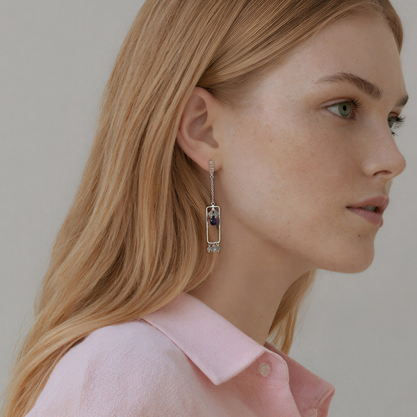 銀色拉長石藍寶石純銀耳環-浪漫細雨