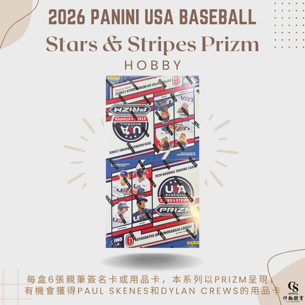 【PANINI】{美國棒球國家隊} 2026 USA Baseball Stars & Stripes Prizm 美國棒球國家代表隊 星條旗亮面系列 棒球球員卡 (1盒12包，每包12張入)