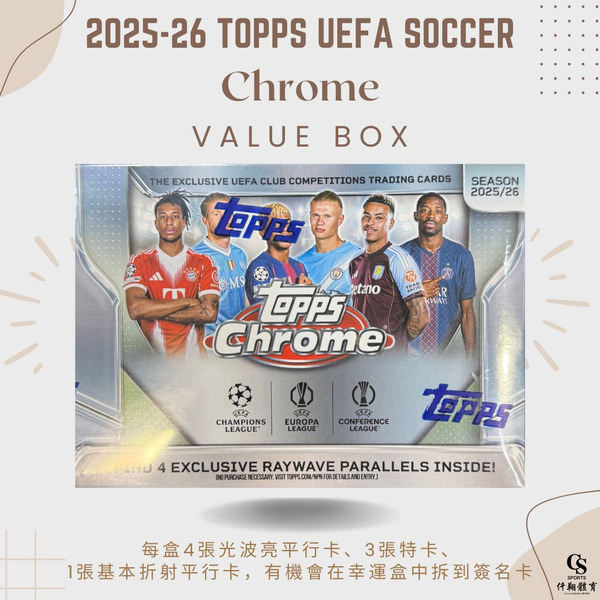 【TOPPS】{歐冠} 2025-26 Chrome UEFA Soccer Value Box 歐冠俱樂部競賽 鉻版 Value盒 足球球員卡 (1盒7包，每包4張入)