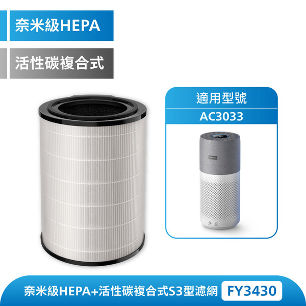 奈米級勁護HEPA&活性碳複合式S3型濾網 (FY3430/30) 適用:AC3033