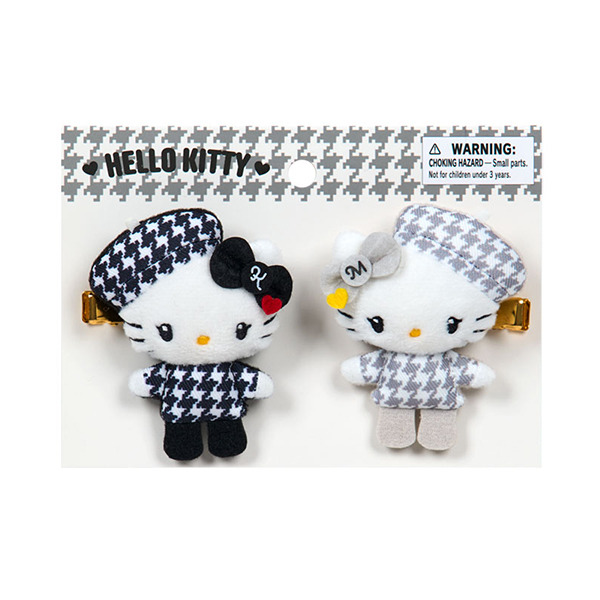 HELLO KITTY玩偶造型絨毛髮夾組-一組2個入(單色千鳥格)