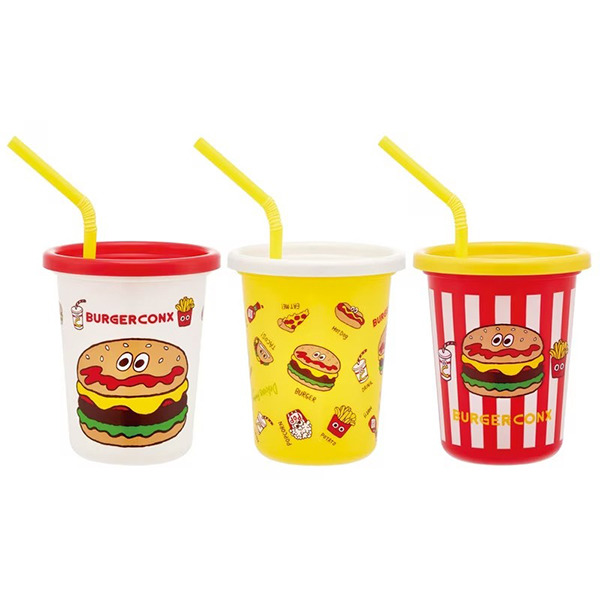 漢堡日製塑膠隨行杯附吸管3入組(美式好友)