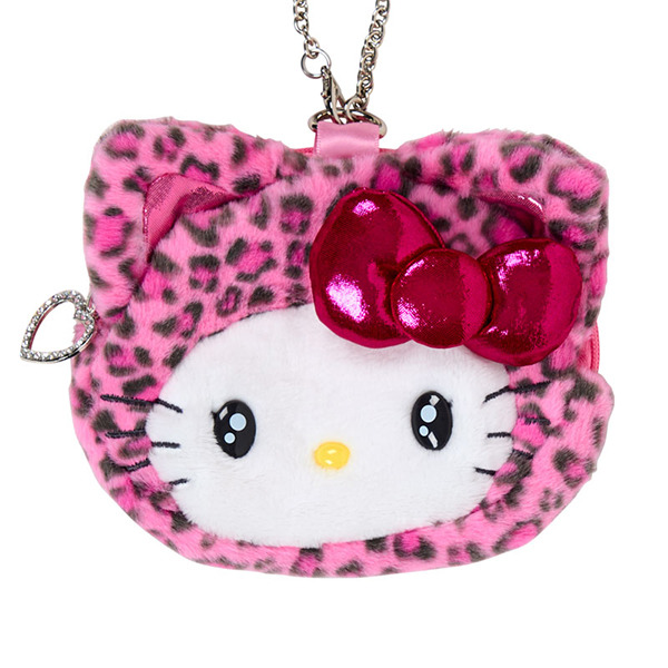HELLO KITTY大臉造型絨毛收納包附鍊(豹紋小貓-粉)