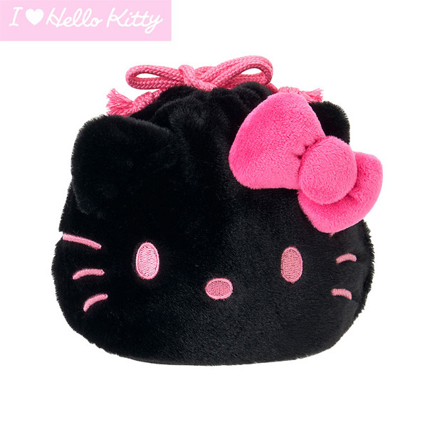 HELLO KITTY大臉造型絨毛縮口袋-黑粉(I Love Hello Kitty)