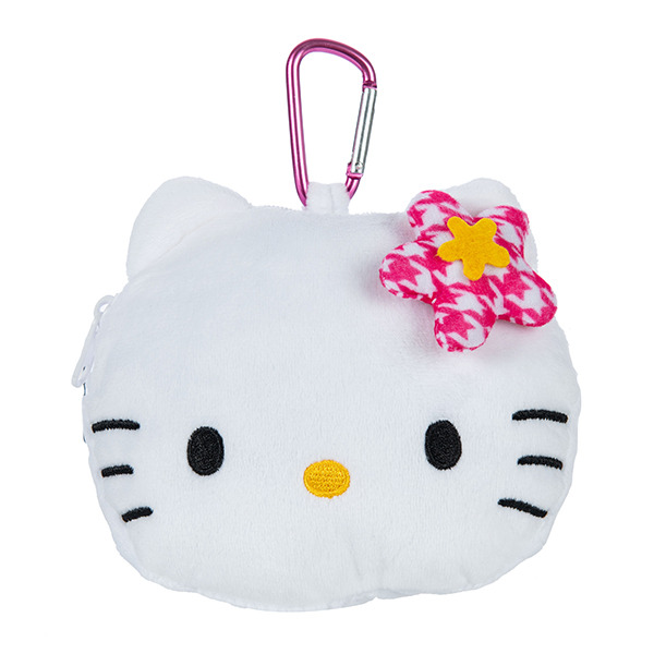 HELLO KITTY大臉造型絨毛零錢包附鎖圈(懷舊千鳥格)