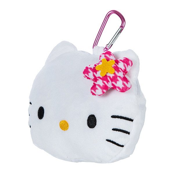 HELLO KITTY大臉造型絨毛零錢包附鎖圈(懷舊千鳥格)