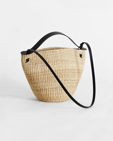 N.42(M) medium bell bag  - natural straw/black leather