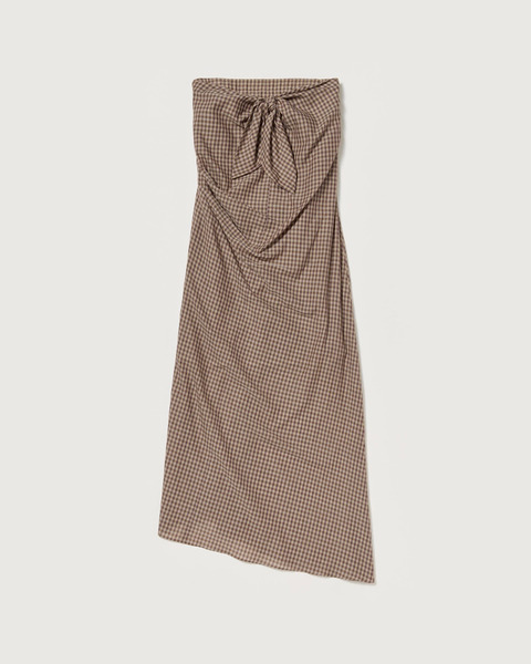 airy light cotton check strapless dress in brown gingham check