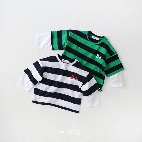 【現貨】韓國 Wittyboy 純棉84寬條紋拼接袖上衣 #綠130, 160cm