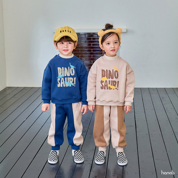 【現貨】韓國  Hanab 字母恐龍Ｔ+長褲刷毛套裝 #藍120cm