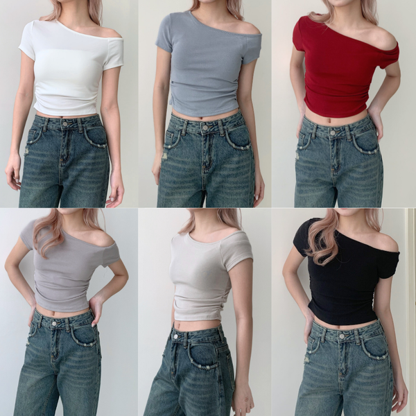 PURPLE-穿出好身材  斜肩抓皺上衣*6色