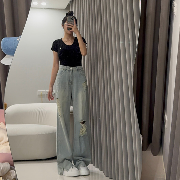 【身高172⭡限定款】高腰刷破闊腿牛仔褲