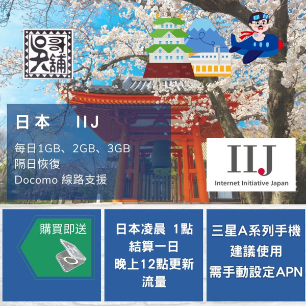 日本 IIJ 電信 (docomo 訊號線路支援) 每日1GB~3GB方案，當地訊號延遲低