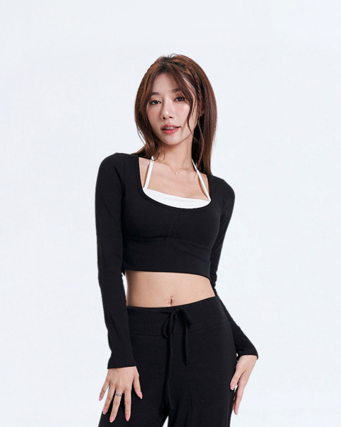 假兩件繞脖棉感長袖Bratop｜純粹黑