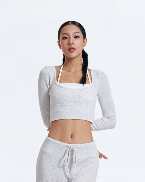 假兩件繞脖棉感長袖Bratop｜淺麻灰