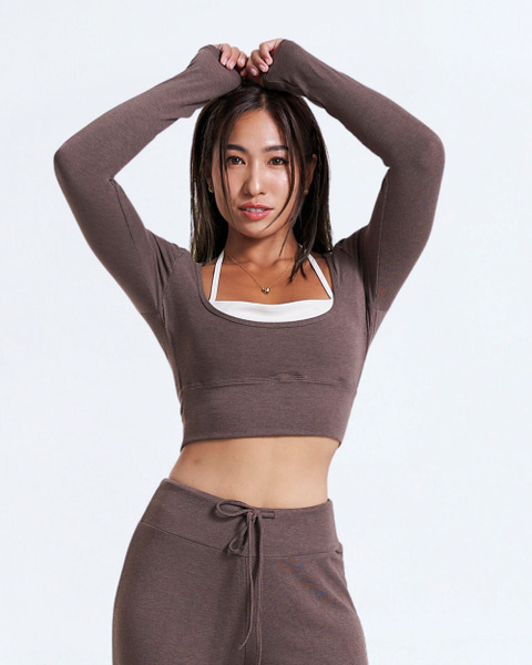 假兩件繞脖棉感長袖Bratop｜摩卡慕斯