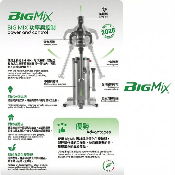 【義大利 FAMA】BIGMIX 工業級桌上型自動懸臂均質機｜850W 數位變頻・2微米極致乳化・跨領域全自動生產（Gelato / 烘焙 / 中廚 / 高端餐飲首選）