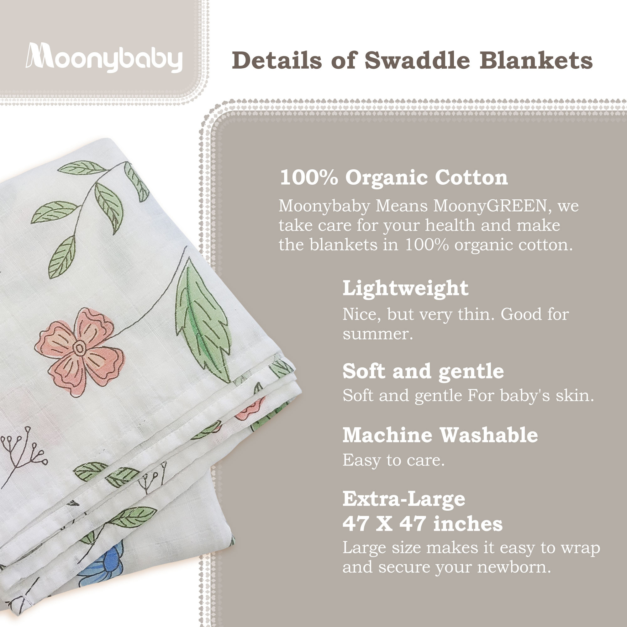Moonybaby Organic Baby Muslin Swaddle Blankets for Boys and Girls