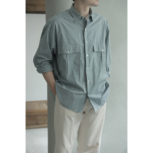 PORTER CLASSIC - Roll Up New Gingham Check Shirt Olive