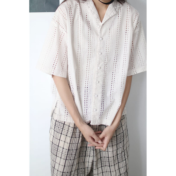 NEST ROBE - Cotton Cutwork Lace Open Collar Shirt