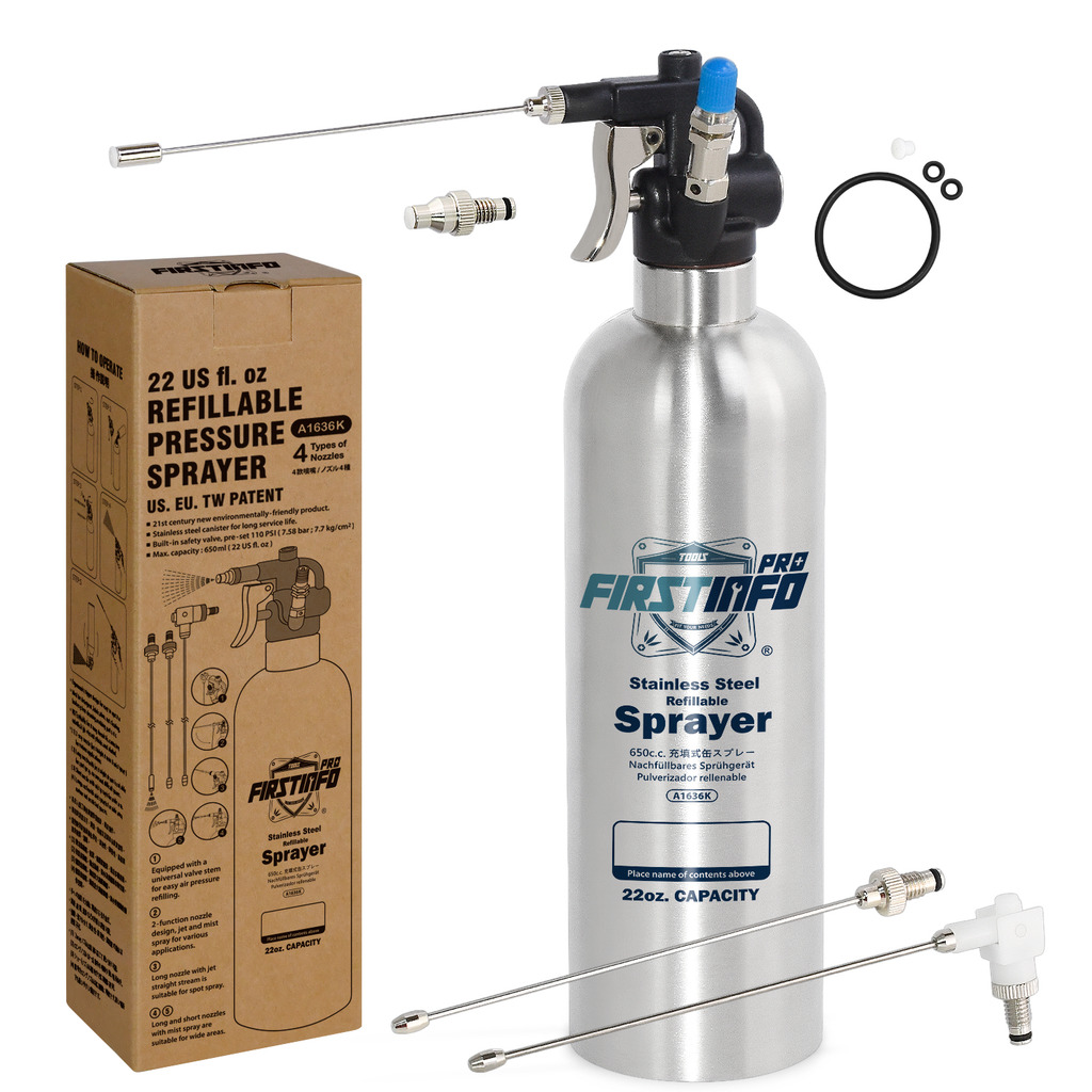 650ml ステンレス製詰替式スプレー缶 (4種類ノズル付)｜良匠 FIRSTINFO