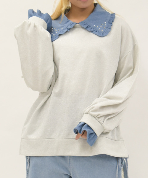 牛仔領亮蔥內刷毛大學T