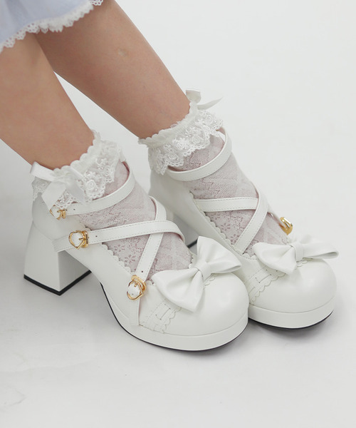 梯形蕾絲波浪邊高跟鞋