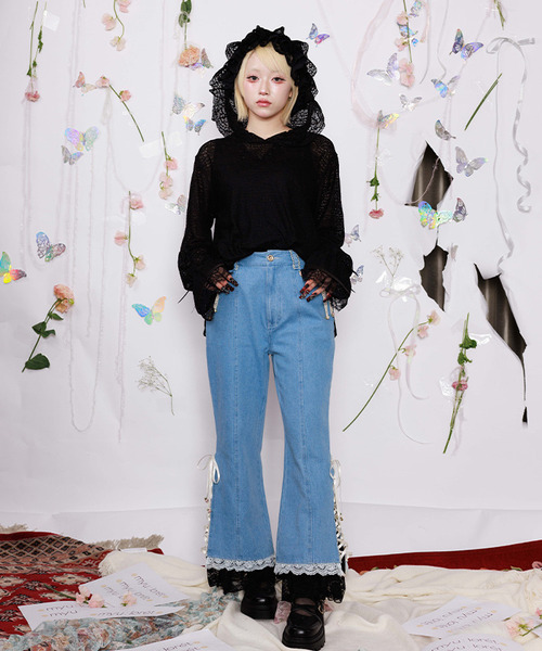 玫瑰蝴蝶結綁帶牛仔褲