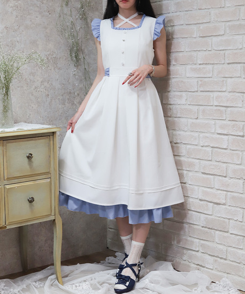 撞色荷葉無袖洋裝