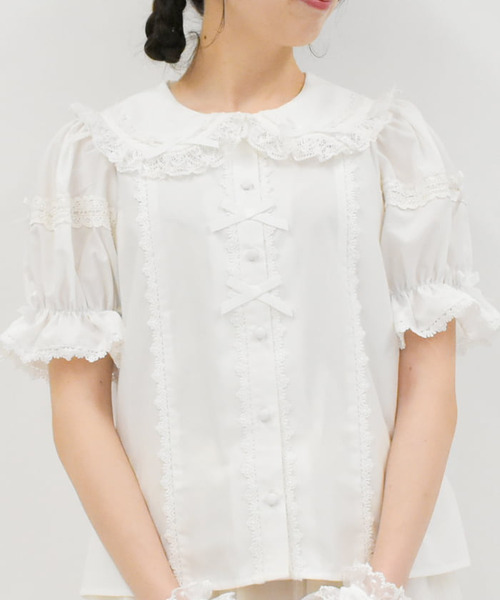 Chalmiere-扭繩蕾絲圓領短袖上衣