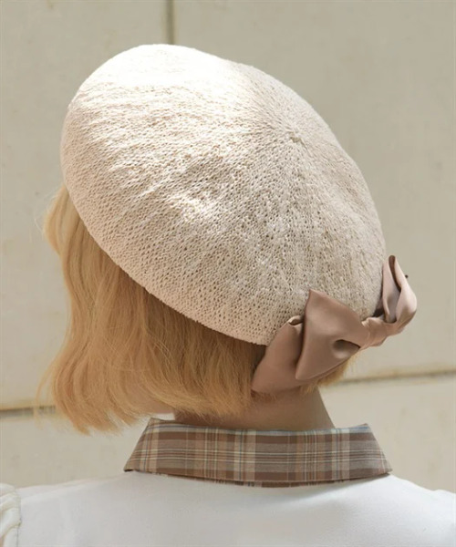 側邊蝴蝶結編織貝雷帽