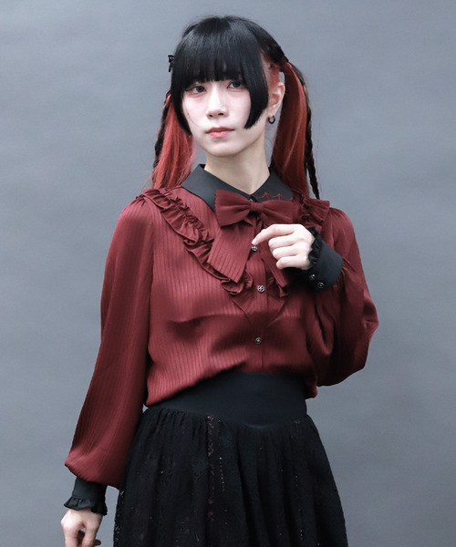 NIBBLE POISON-暗條紋荷葉襯衫