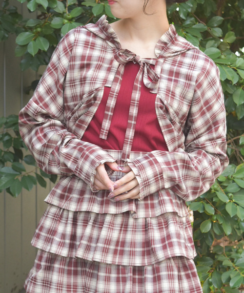 帶帽短版格紋襯衫