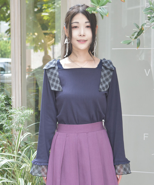格紋雪紡蝴蝶結上衣