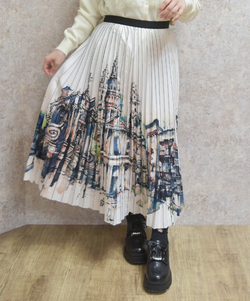 街景圖案百褶裙