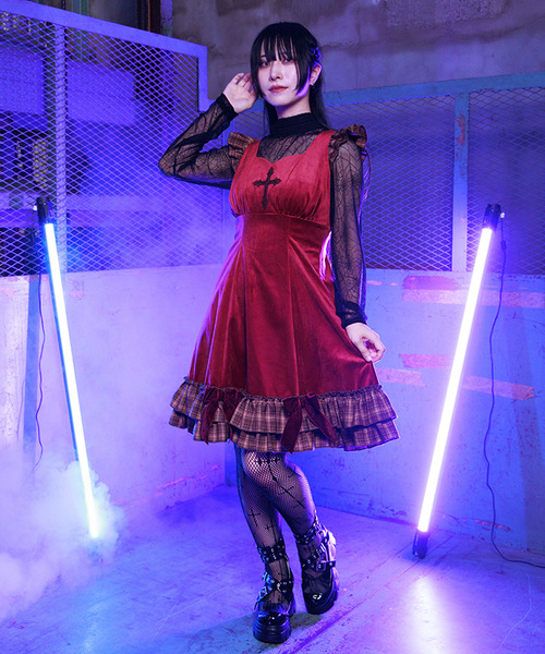 絨布×格紋荷葉洋裝