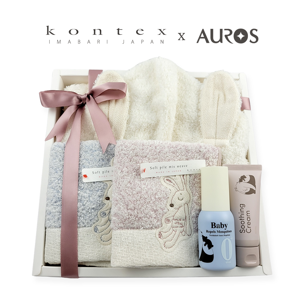 今治守護禮盒】日本kontex-今治Chouette系列-無撚紗兔子連帽浴巾*1+小