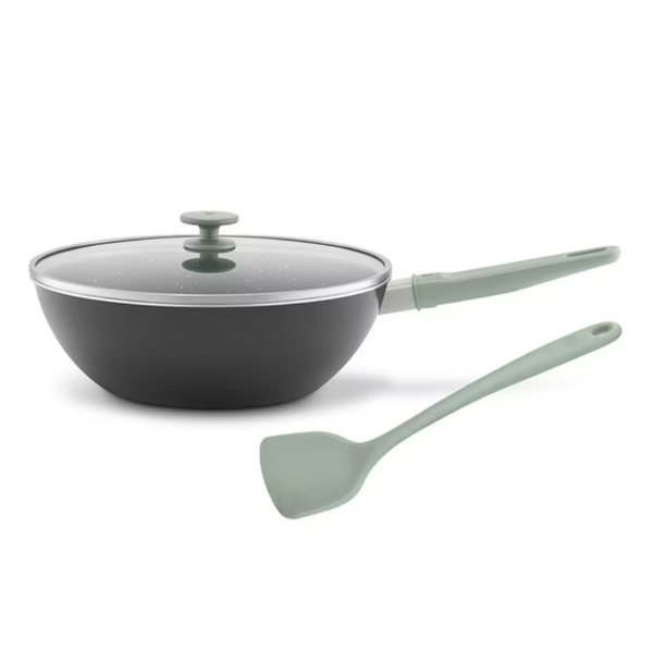 NOW PLUS Ⅱ 黑曜鍋2.0不沾鍋炒鍋30cm (附矽膠鍋鏟) (薄荷綠)