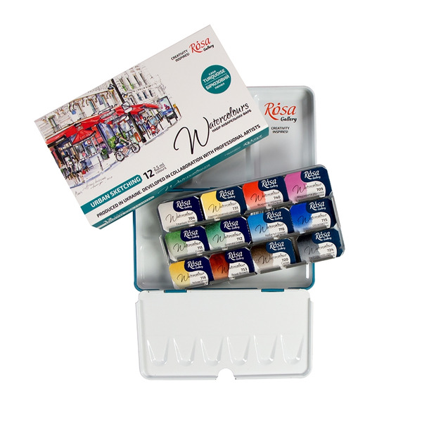 烏克蘭羅莎Rosa Gallery Urban Professional 塊狀水彩 城市速寫12色-松石綠鐵盒