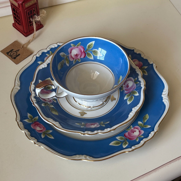 德國Bavaria 巴伐利亞藍玫瑰 三件式茶杯組