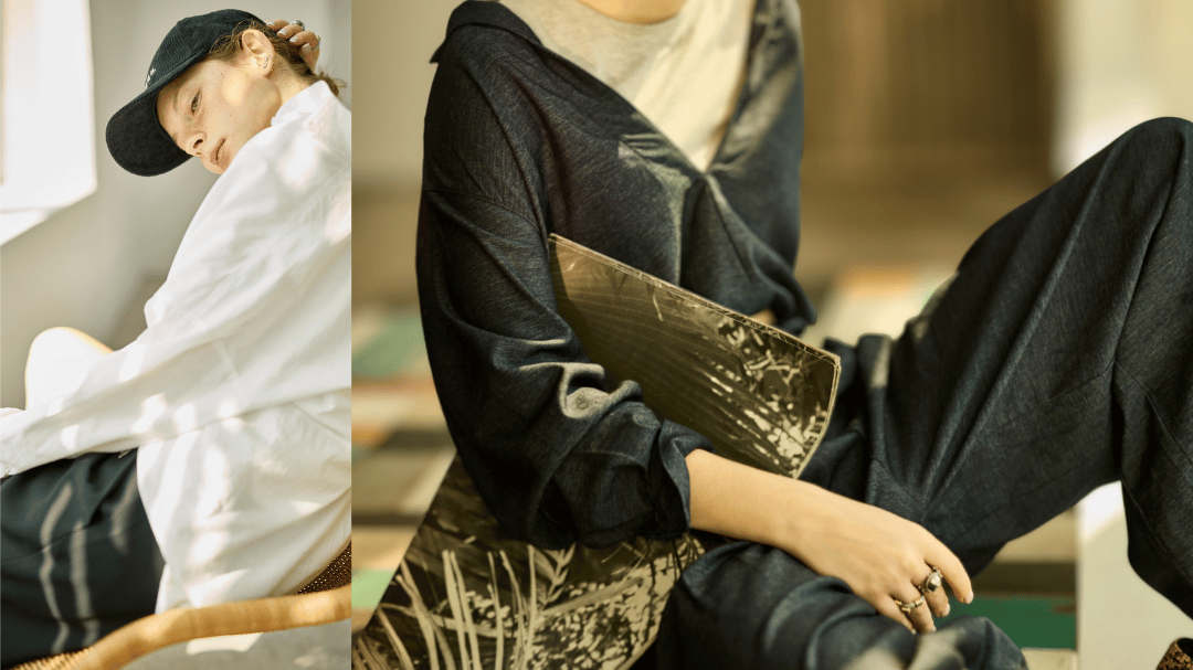 ICÔNE 秋冬形象滑動圖，左側為日落下的城市鐘樓建築，中間模特穿著粉色外套、棕色連帽上衣與報童帽在窗邊休憩，右側為金色格紋牆面與柔光燈飾，呈現都會生活中的慵懶時尚感。