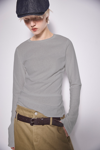 韓系百搭卷邊圓領打底灰色上衣