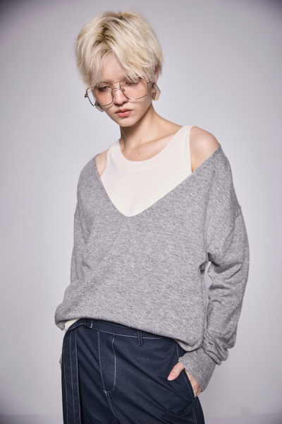 V領拼色針織上衣