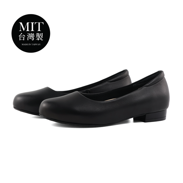 台灣製MIT 柔軟羊皮圓頭基本百搭職場通勤上班平底低跟鞋  2公分(寬腳友善) (黑)123553