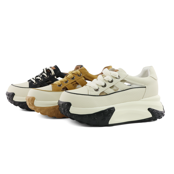 縷空拼接牛皮百搭撞色厚底綁帶休閒鞋(米)(黃)(黑) 126358