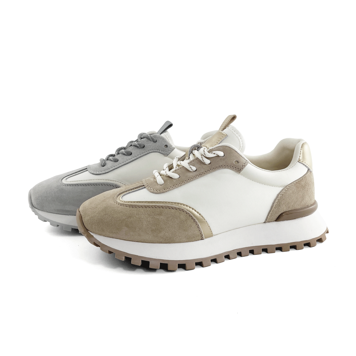 質感牛麂皮機復古雙色基本百搭休閒鞋(附珍珠蕾絲墜飾)(奶茶)(灰) 125851