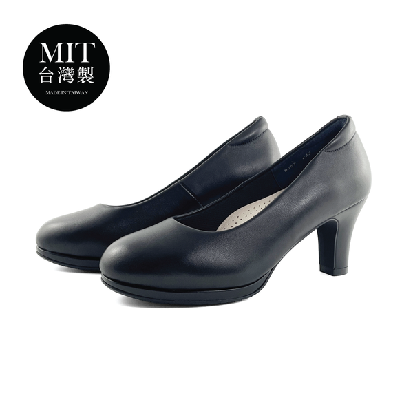 台灣製MIT 柔軟羊皮圓頭基本百搭職場空姐上班跟鞋 8公分 (黑) 9507